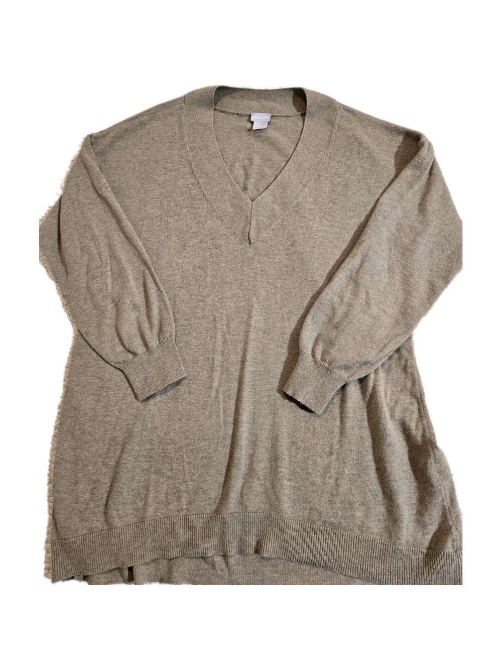 Chico Women's Pullover Sweater Taupe Long Sleeve Vneck Cotton Nylon Rayon...